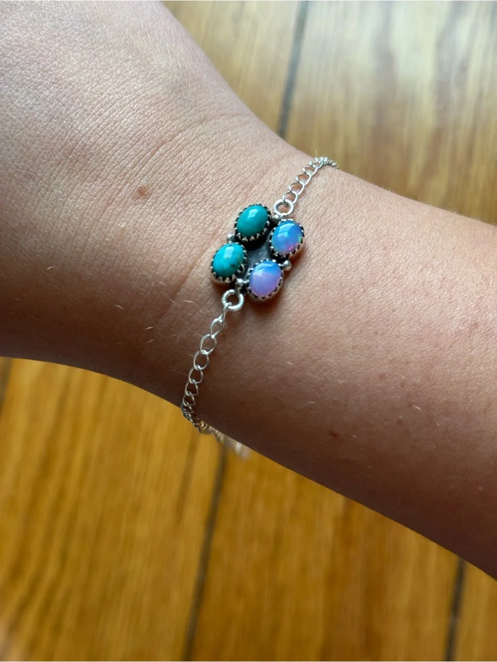 Artisan made adjustable Silver Chain Bracelet with Turquoise and balloons opal